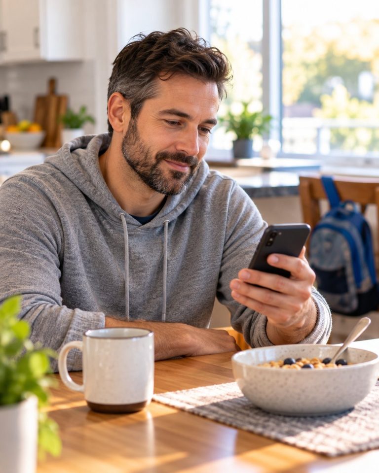 A father reads a blog post on his phone at the kitchen table before school.