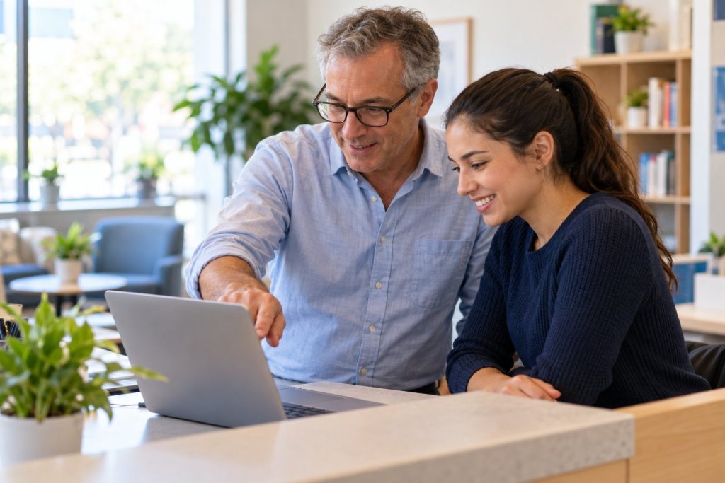 Two staff members at a front desk look over a blog post draft on a laptop.
