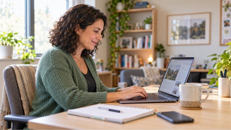 A business owner smiles as she writes a blog post on her laptop at a bright office desk.