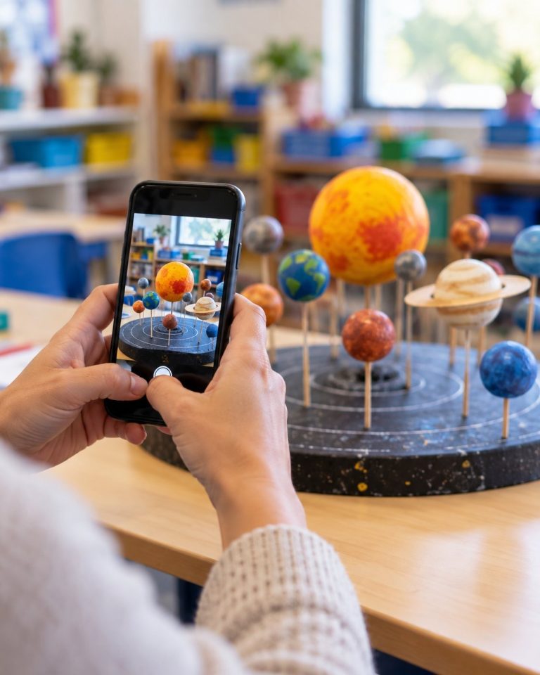 A phone camera frames a student's painted model of the solar system on a classroom table.